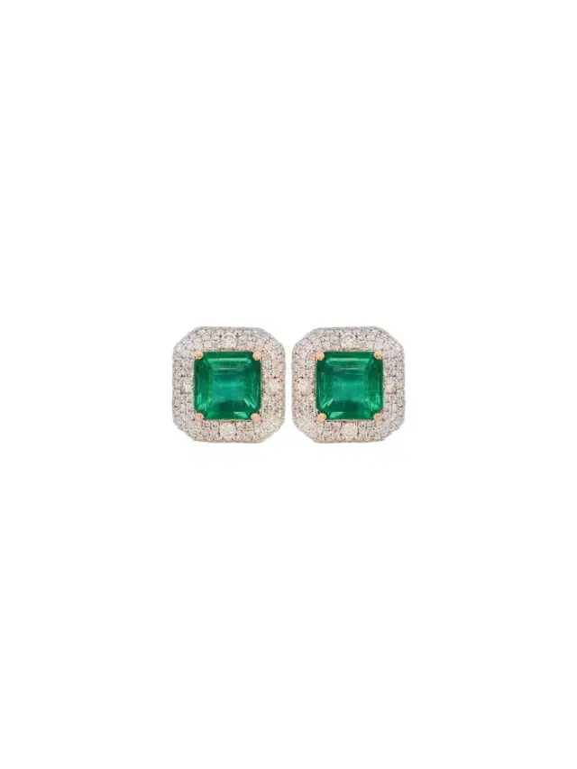 Wish Fine Jewelry 8.58ct Diamond Emerald 14K Gold Cluster Stud Earrings