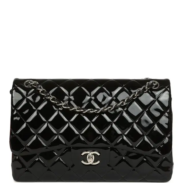 Chanel Pre-owned Chanel Jumbo Classic Double Flap Bag Black Patent Silver Hardware