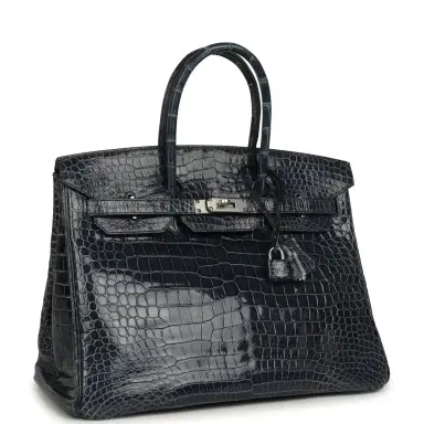 HERMÈS Pre-owned Hermes Birkin 35 Bleu Abysse Shiny Porosus Crocodile Palladium Hardware | Thumbnail 2