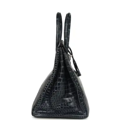 HERMÈS Pre-owned Hermes Birkin 35 Bleu Abysse Shiny Porosus Crocodile Palladium Hardware | Thumbnail 3