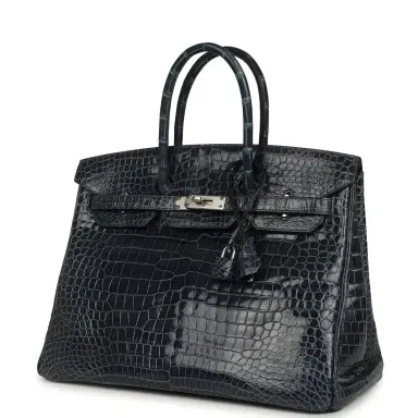 HERMÈS Pre-owned Hermes Birkin 35 Bleu Abysse Shiny Porosus Crocodile Palladium Hardware | Thumbnail 5