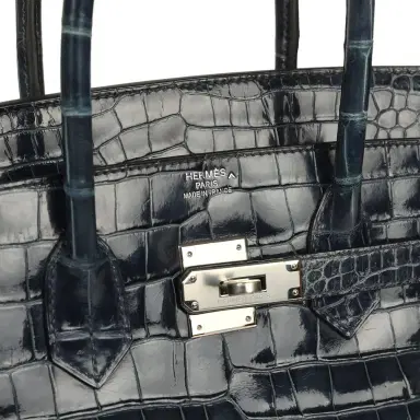 HERMÈS Pre-owned Hermes Birkin 35 Bleu Abysse Shiny Porosus Crocodile Palladium Hardware | Thumbnail 7