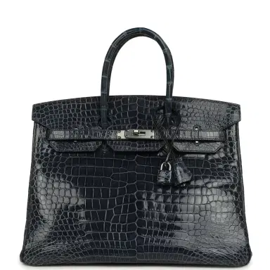 HERMÈS Pre-owned Hermes Birkin 35 Bleu Abysse Shiny Porosus Crocodile Palladium Hardware | Thumbnail 1