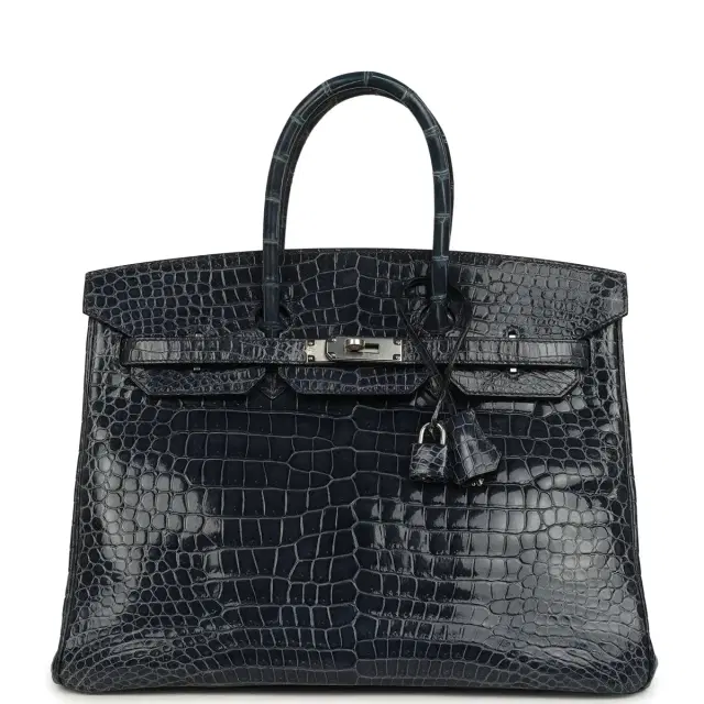 hermes Pre-owned Hermes Birkin 35 Bleu Abysse Shiny Porosus Crocodile Palladium Hardware