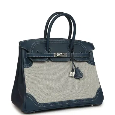 HERMÈS Pre-owned Hermes Birkin Ghillies 35 Bleu De Prusse Swift and Ecru Toile H Palladium Hardware | Thumbnail 2 HERMÈS Pre-owned Hermes Birkin Ghillies 35 Bleu De Prusse Swift and Ecru Toile H Palladium Hardware | Thumbnail 2