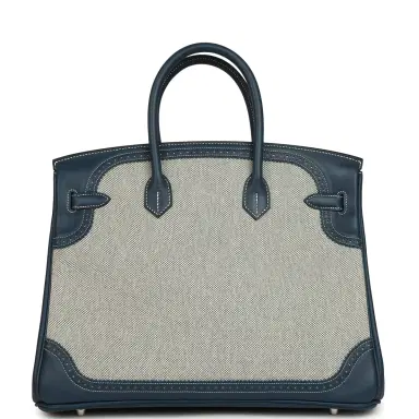 HERMÈS Pre-owned Hermes Birkin Ghillies 35 Bleu De Prusse Swift and Ecru Toile H Palladium Hardware | Thumbnail 4 HERMÈS Pre-owned Hermes Birkin Ghillies 35 Bleu De Prusse Swift and Ecru Toile H Palladium Hardware | Thumbnail 4
