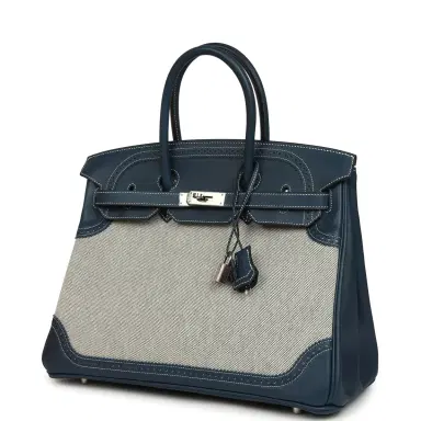HERMÈS Pre-owned Hermes Birkin Ghillies 35 Bleu De Prusse Swift and Ecru Toile H Palladium Hardware | Thumbnail 5 HERMÈS Pre-owned Hermes Birkin Ghillies 35 Bleu De Prusse Swift and Ecru Toile H Palladium Hardware | Thumbnail 5