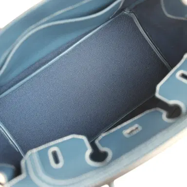 HERMÈS Pre-owned Hermes Birkin Ghillies 35 Bleu De Prusse Swift and Ecru Toile H Palladium Hardware | Thumbnail 8 HERMÈS Pre-owned Hermes Birkin Ghillies 35 Bleu De Prusse Swift and Ecru Toile H Palladium Hardware | Thumbnail 8