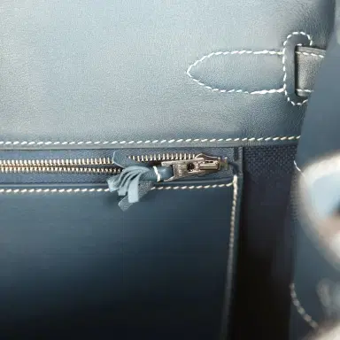 HERMÈS Pre-owned Hermes Birkin Ghillies 35 Bleu De Prusse Swift and Ecru Toile H Palladium Hardware | Thumbnail 9 HERMÈS Pre-owned Hermes Birkin Ghillies 35 Bleu De Prusse Swift and Ecru Toile H Palladium Hardware | Thumbnail 9