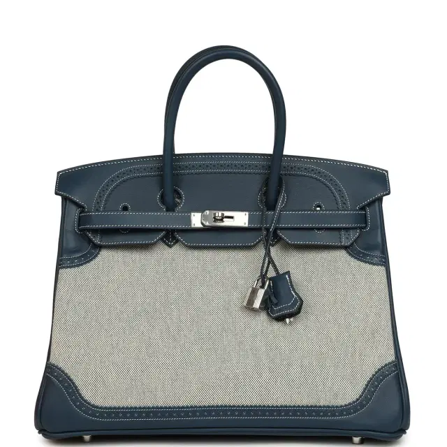 hermes Pre-owned Hermes Birkin Ghillies 35 Bleu De Prusse Swift and Ecru Toile H Palladium Hardware