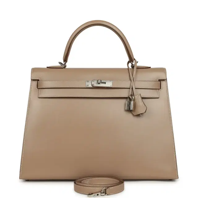 hermes Pre-owned Hermes Kelly Sellier 35 Argile Tadelakt Guilloche Palladium Hardware