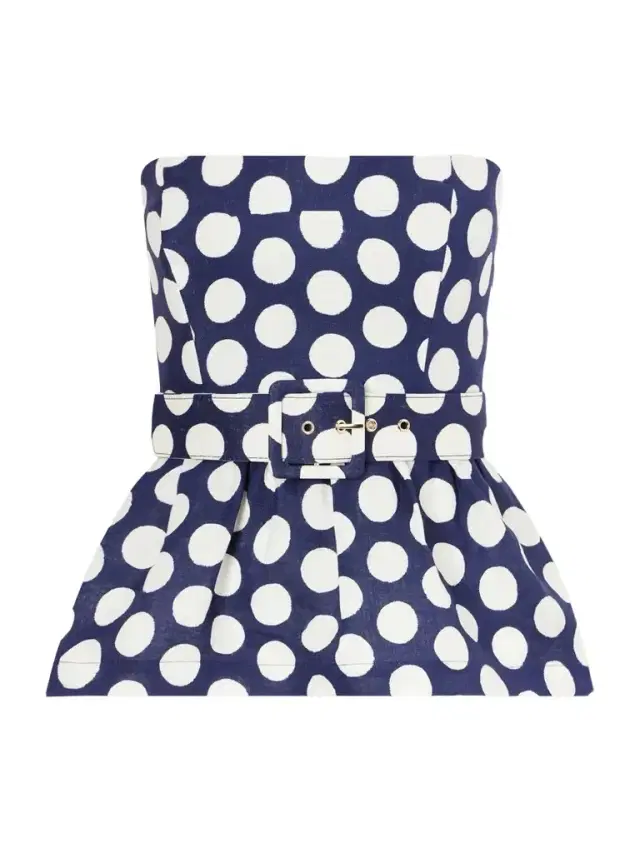 Tilda Strapless Belted Peplum Polka Dot Linen Top