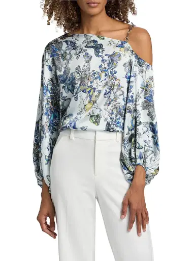 L'Agence Women's Asami Printed Chain One-Shoulder Blouse - Grey Watercolor Butterfly - Size Large | Thumbnail 3 L'Agence Women's Asami Printed Chain One-Shoulder Blouse - Grey Watercolor Butterfly - Size Large | Thumbnail 3