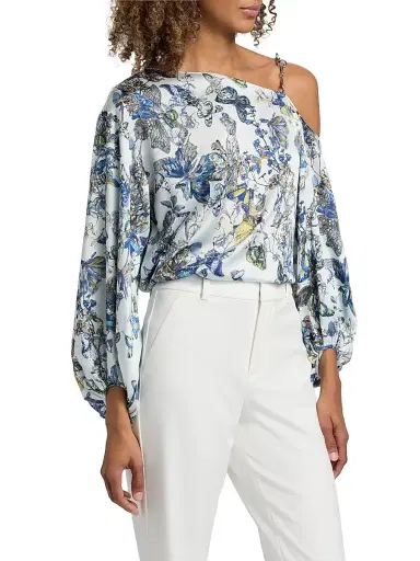 L'Agence Women's Asami Printed Chain One-Shoulder Blouse - Grey Watercolor Butterfly - Size Large | Thumbnail 4 L'Agence Women's Asami Printed Chain One-Shoulder Blouse - Grey Watercolor Butterfly - Size Large | Thumbnail 4