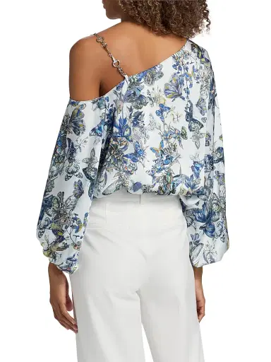 L'Agence Women's Asami Printed Chain One-Shoulder Blouse - Grey Watercolor Butterfly - Size Large | Thumbnail 5 L'Agence Women's Asami Printed Chain One-Shoulder Blouse - Grey Watercolor Butterfly - Size Large | Thumbnail 5