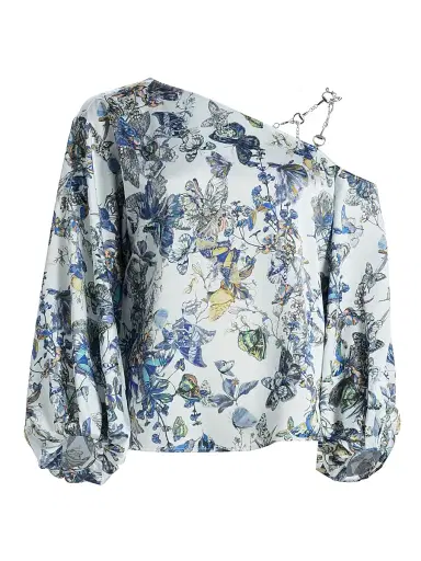 L'Agence Women's Asami Printed Chain One-Shoulder Blouse - Grey Watercolor Butterfly - Size Large | Thumbnail 1 L'Agence Women's Asami Printed Chain One-Shoulder Blouse - Grey Watercolor Butterfly - Size Large | Thumbnail 1