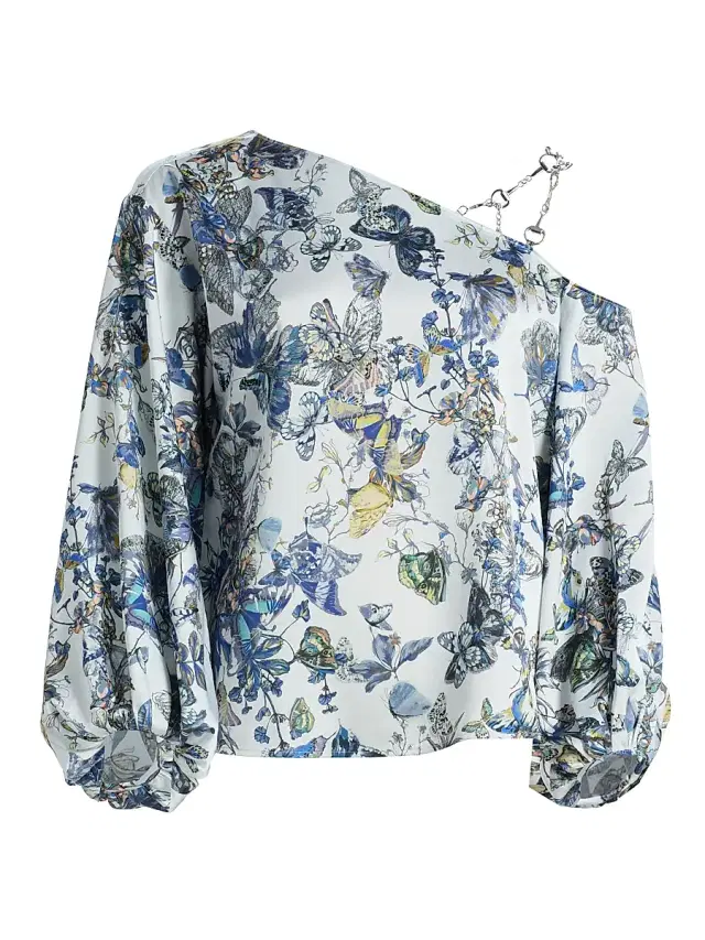 L'AGENCE Women's Asami Printed Chain One-Shoulder Blouse - Grey Watercolor Butterfly