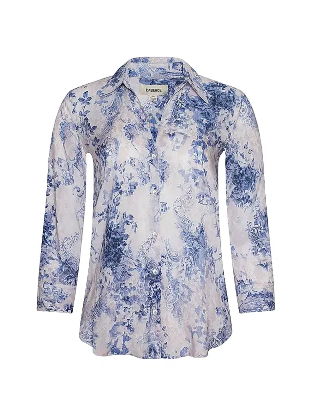 L'AGENCE Women's Camille Floral Button-Front Blouse -  Blue Watercolor Lace
