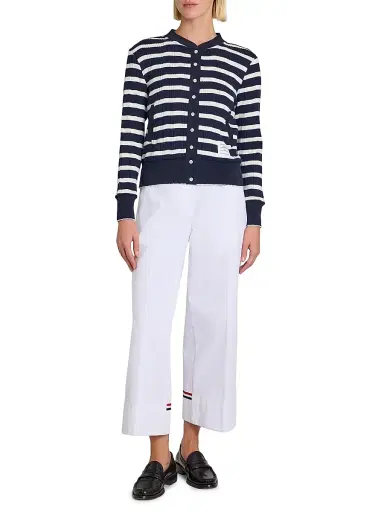 Thom Browne Women's Stripe Rib-Knit Cotton Cardigan - Navy White | Thumbnail 2 Thom Browne Women's Stripe Rib-Knit Cotton Cardigan - Navy White | Thumbnail 2