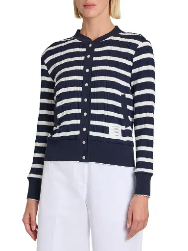 Thom Browne Women's Stripe Rib-Knit Cotton Cardigan - Navy White | Thumbnail 3 Thom Browne Women's Stripe Rib-Knit Cotton Cardigan - Navy White | Thumbnail 3