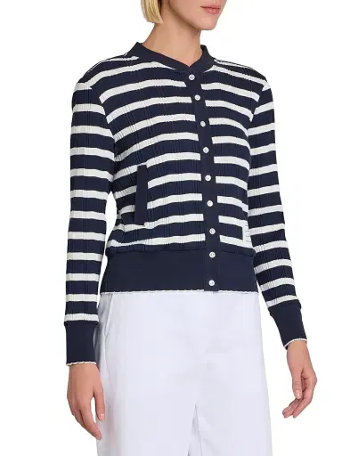 Thom Browne Women's Stripe Rib-Knit Cotton Cardigan - Navy White | Thumbnail 4 Thom Browne Women's Stripe Rib-Knit Cotton Cardigan - Navy White | Thumbnail 4