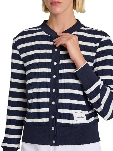 Thom Browne Women's Stripe Rib-Knit Cotton Cardigan - Navy White | Thumbnail 6 Thom Browne Women's Stripe Rib-Knit Cotton Cardigan - Navy White | Thumbnail 6