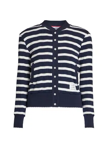 Thom Browne Women's Stripe Rib-Knit Cotton Cardigan - Navy White | Thumbnail 1 Thom Browne Women's Stripe Rib-Knit Cotton Cardigan - Navy White | Thumbnail 1