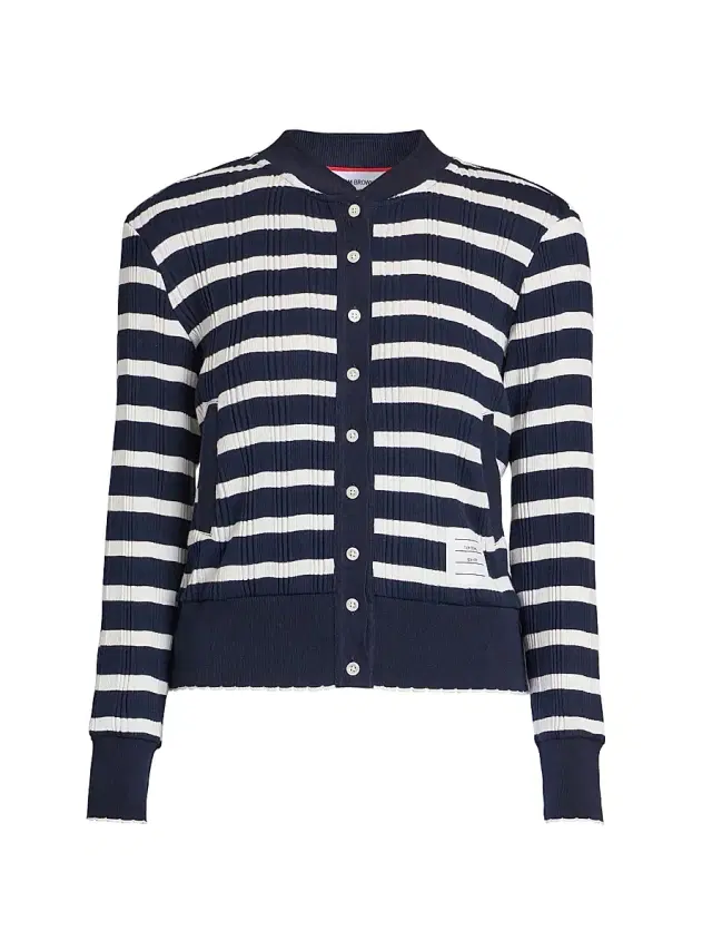 Women's Stripe Rib-Knit Cotton Cardigan - Navy White