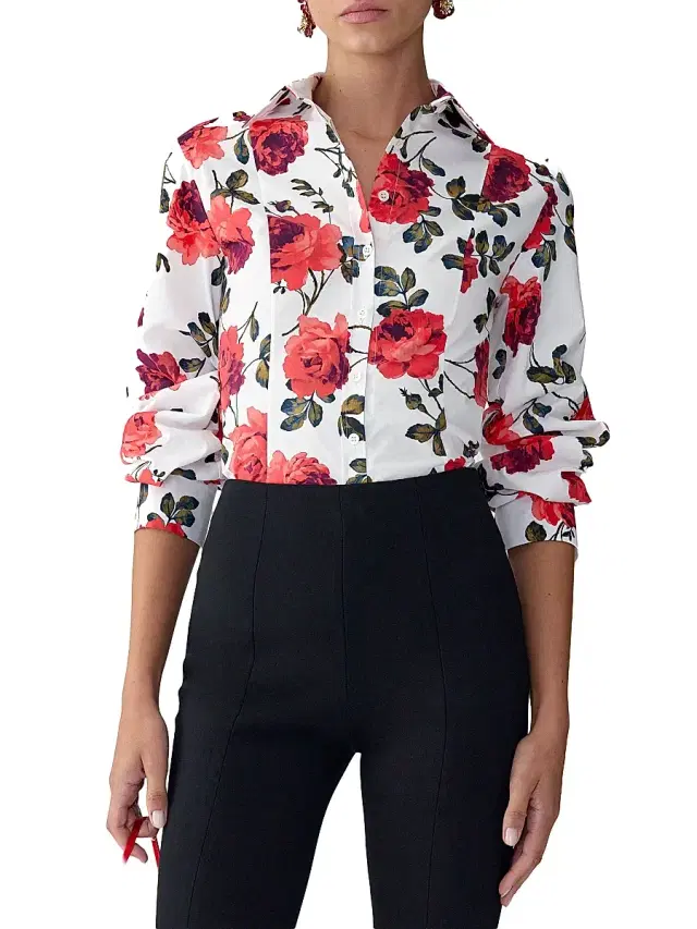 Carolina Herrera Women's Rose-Print Cotton Shirt - White Multi