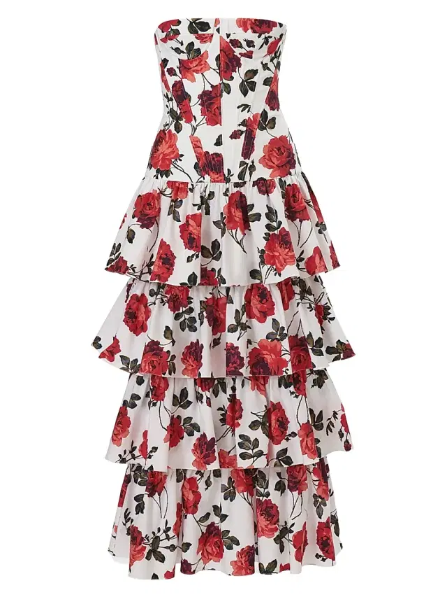 Carolina Herrera Women's Rose-Print Tiered Ruffled Cotton Gown - White Multi