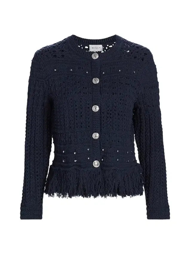 Milly Women's Beaded Fringe Cardigan Jacket - Navy
