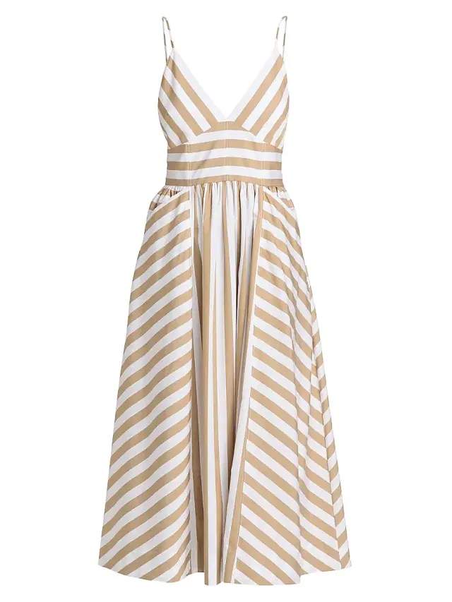 Tanya Taylor Women's Vivien Striped Cotton Midi-Dress - Optic White Dark Khaki