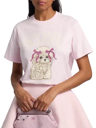 Ganni Women's Embellished Printed Cotton Jersey T-Shirt - Chalk Pink - Size XS | Thumbnail 6