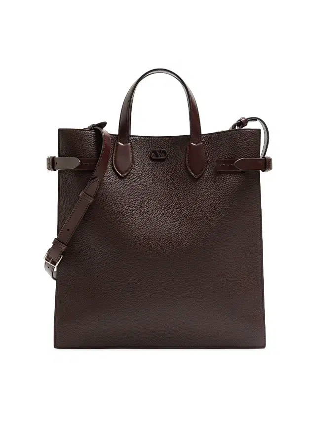 Valentino Garavani Men's Antibes  Shopping Bag in Grained Leather - Dark Brown