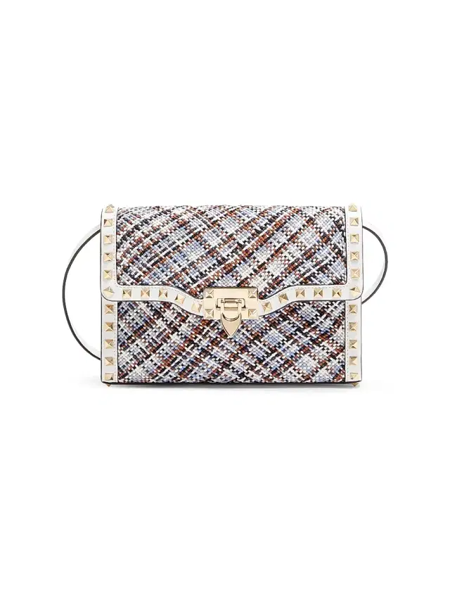 Valentino Garavani Women's Rockstud  Crossbody Bag in Woven Fabric - White Multicolor