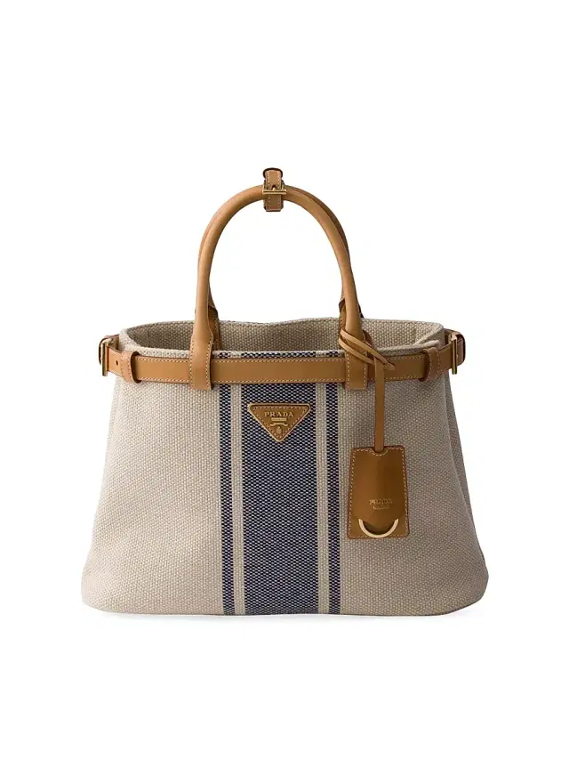 Women's  Buckle  Canvas And Leather Bag - Beige Blue