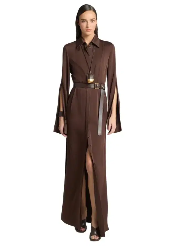 Techno Satin Slit-Sleeve Shirtdress
