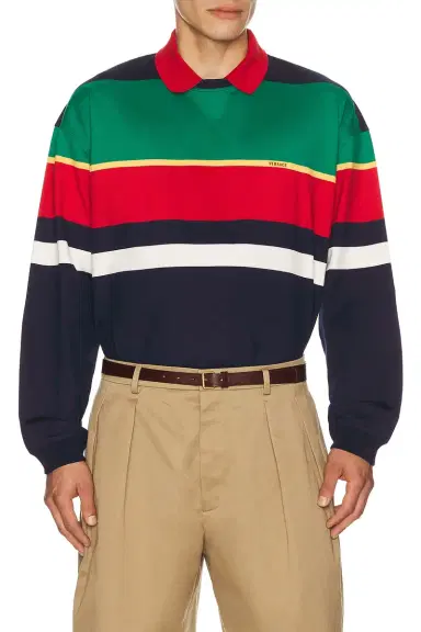 Versace Heavy Striped Cotton Jersey Logo Embroidery | Thumbnail 1