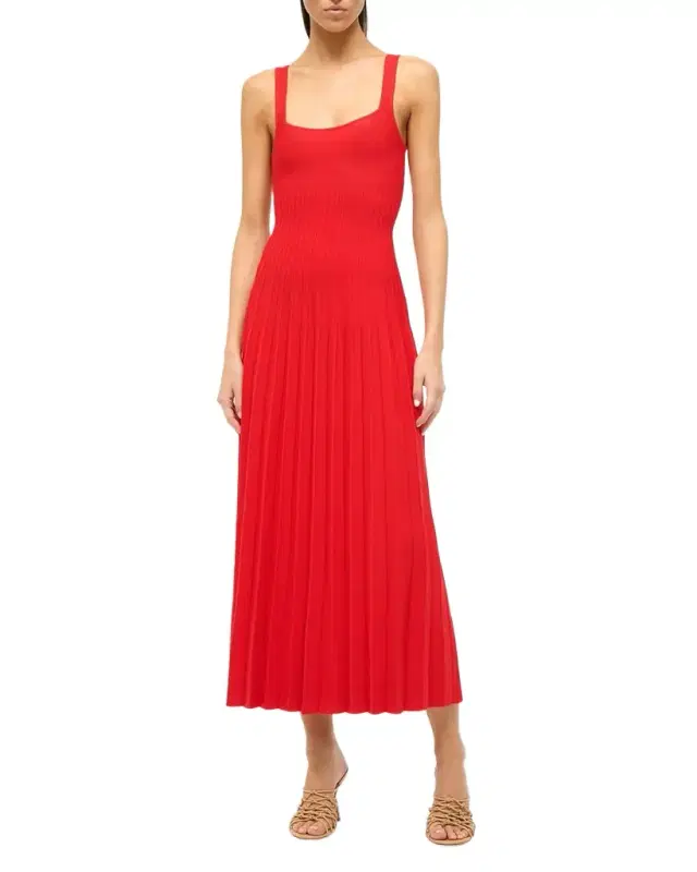 STAUD Ellison Square-Neck Sleeveless Stitched Midi Dress