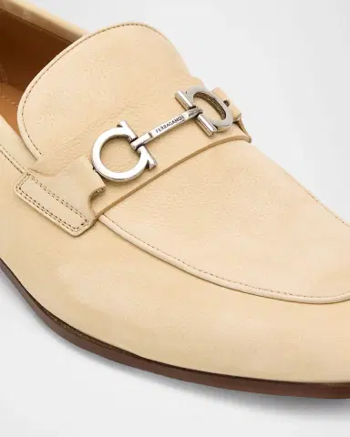 Ferragamo Men's Grained Leather Moccasin Loafers with Gancini Ornament | Thumbnail 3