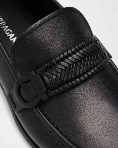 Ferragamo Men's Side-Gancini Leather Moccasin Loafers with Hand-Woven Strap | Thumbnail 5