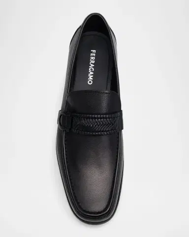 Ferragamo Men's Side-Gancini Leather Moccasin Loafers with Hand-Woven Strap | Thumbnail 6