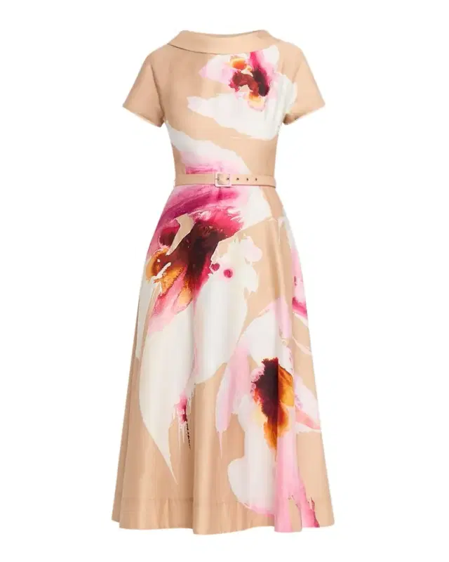 Large Bloom Belted Cotton Midi Dress