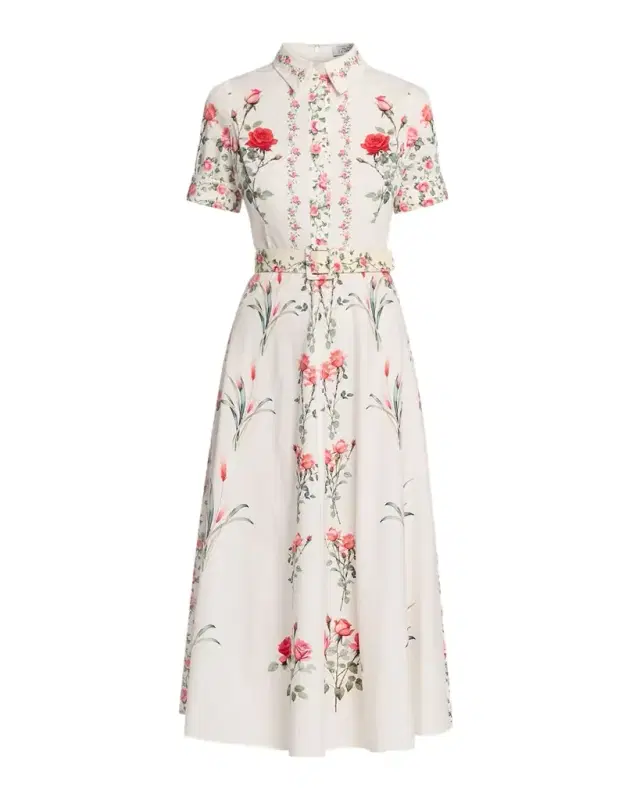 Rickie Freeman for Teri Jon Rose-Print Cotton Collared Shirtdress