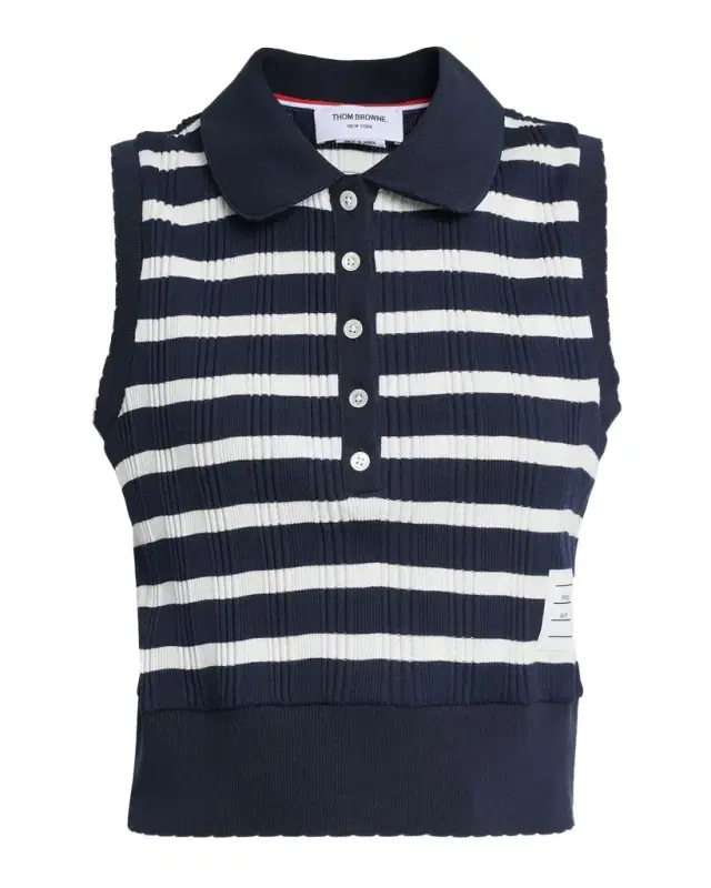 Striped Ladder Rib Sleeveless Polo Top
