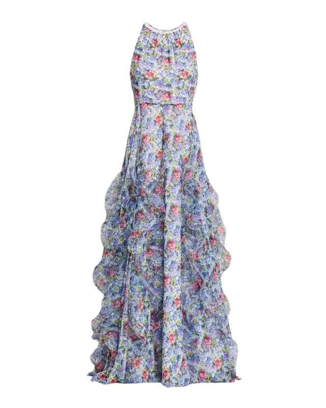 Rickie Freeman for Teri Jon Sleeveless Floral Cascading Ruffle Gown