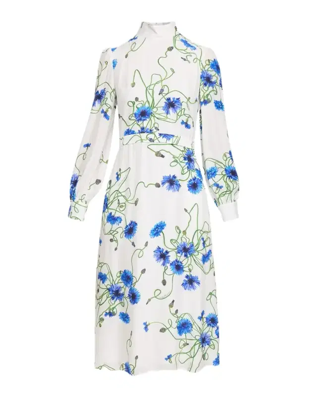 Floral Print Seersucker Long-Sleeve Midi Dress