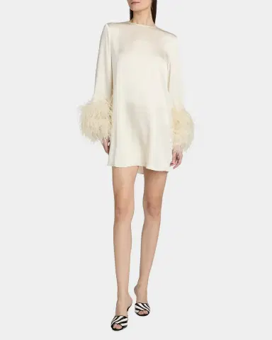 Lapointe Feather-Embellished Long-Sleeve Satin Mini Shift Dress | Thumbnail 2 Lapointe Feather-Embellished Long-Sleeve Satin Mini Shift Dress | Thumbnail 2