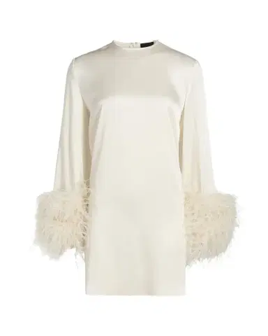 Lapointe Feather-Embellished Long-Sleeve Satin Mini Shift Dress | Thumbnail 1 Lapointe Feather-Embellished Long-Sleeve Satin Mini Shift Dress | Thumbnail 1