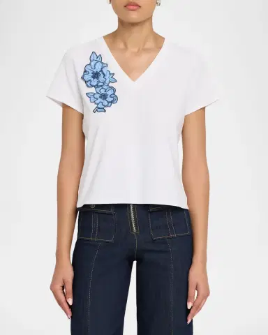 Cinq à Sept Floral Appliqué V-Neck Tee | Thumbnail 4 Cinq à Sept Floral Appliqué V-Neck Tee | Thumbnail 4